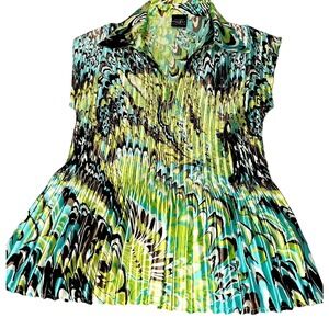 Magic Scarf Mini Pleats Top Abstract Print‎ Short Sleeve Collared Shirt One Size